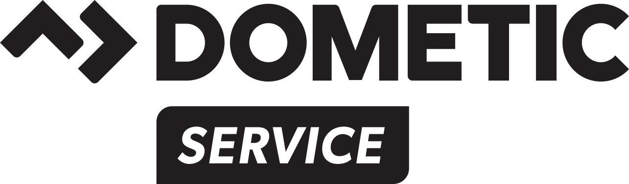 Dometic Service logo with a stylized geometric icon and bold 'DOMETIC' text, plus a rounded rectangle containing 'SERVICE'