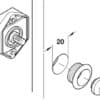 Exploded view of a shaft assembly: mounted housing on the left and three components separated to the right, with a 20 mm dimension callout.