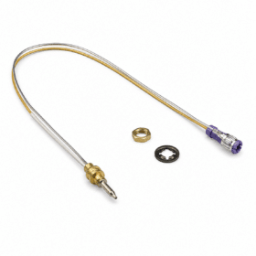 Medical catheter probe with a pointed metal tip and purple connector, plus brass nut and black washer on a white background.