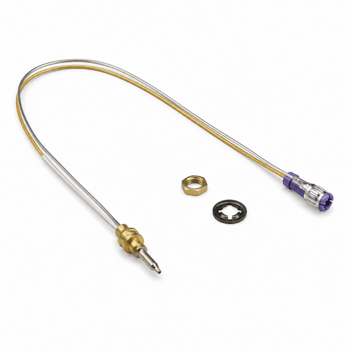 Medical catheter probe with a pointed metal tip and purple connector, plus brass nut and black washer on a white background.